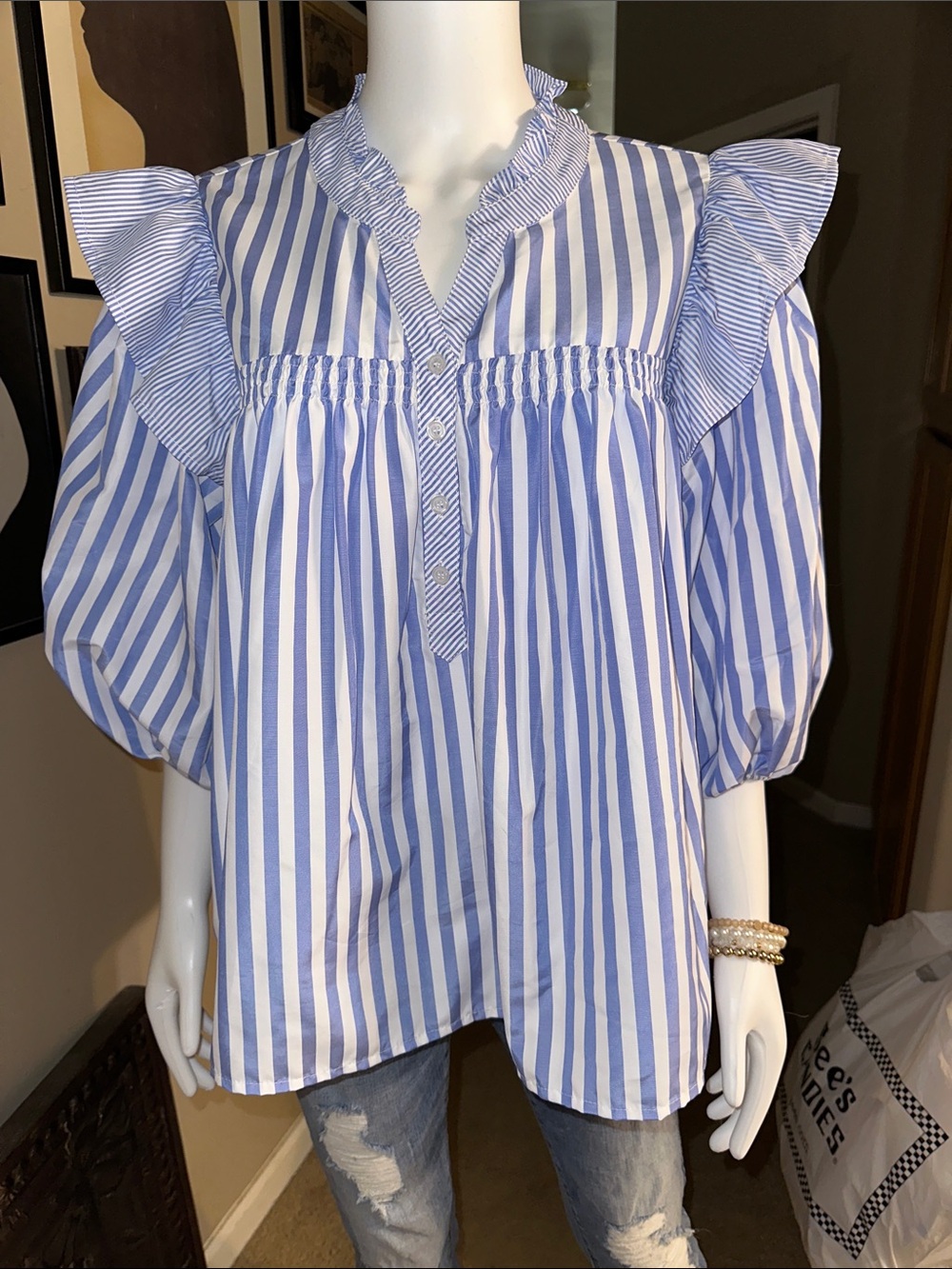 Striped Ruffle-Trim Blouse in Blue and White